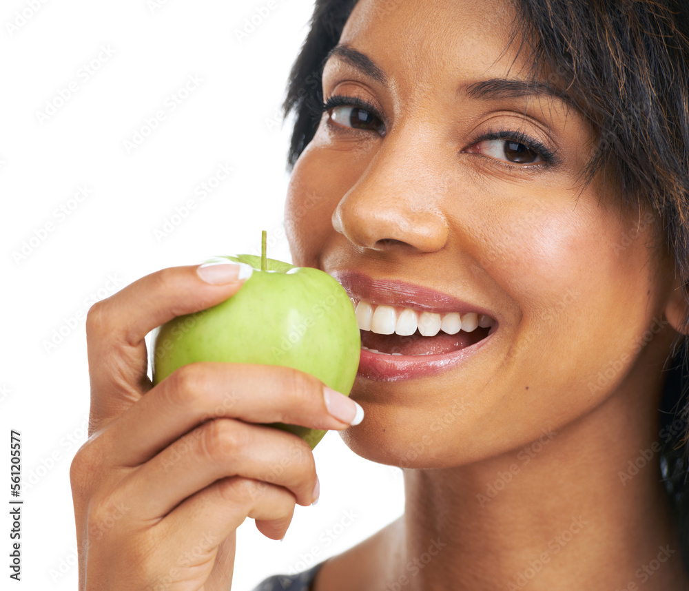 Wall mural Apple, teeth and woman eating in studio for health, wellness and vegan diet with food or fruits promotion. Healthcare, self care and black woman with fruit choice for nutrition in a portrait smile