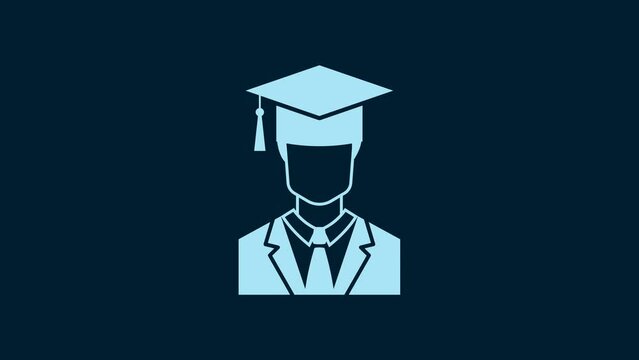 White Male graduate student profile with gown and graduation cap icon isolated on blue background. 4K Video motion graphic animation