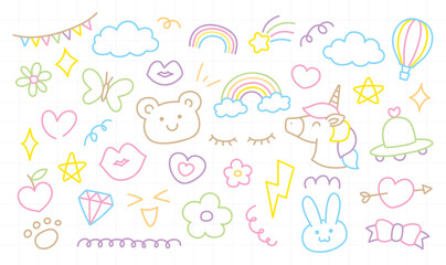 cute colorful pastel girly hand drawn graphic vector art element set in kawaii doodle style