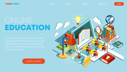 Modern flat design isometric concept of online education for banner and website. Landing page template. Training courses, e-learning, tutorials, lectures. Illustration