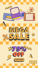 retro super mega sale design banner, landing page or poster