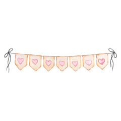 Watercolor garland of flags with hearts for Valentines Day