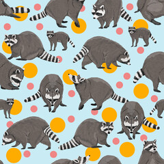 Seamless pattern with Common raccoon in different poses. Adult Procyon lotor raccoons and their cubs. Realistic animal vector