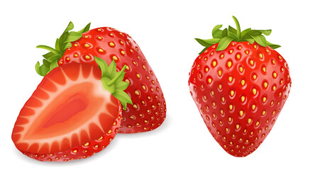 Whole and slice of strawberry realistic illustration isolated on transparent background