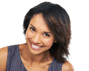 Black woman, portrait or trendy brunette hairstyle on isolated white background in keratin...