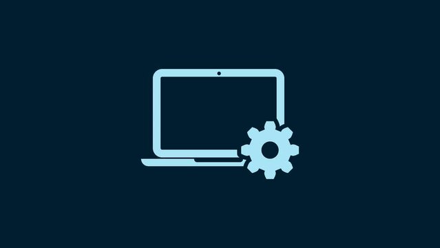 White Laptop and gear icon isolated on blue background. Adjusting, service, setting, maintenance, repair, fixing. 4K Video motion graphic animation