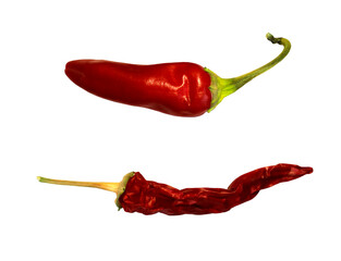 Fresh and dried chili pepper isolated on transparent background. Photo of two ripe red chili...