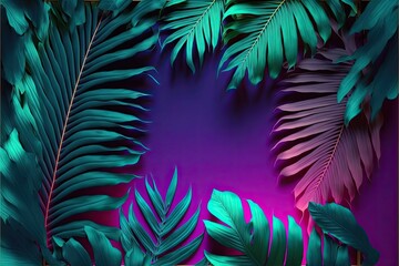 Neon frame blank space for text, tropical leafs, ai generated