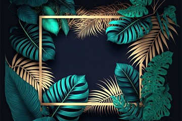 Neon frame blank space for text, tropical leafs, ai generated