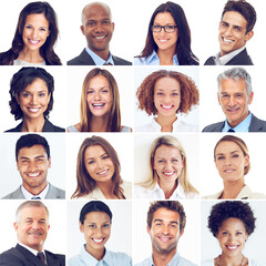 Face, collage and portrait smile of business people for profile, montage or collection against a...