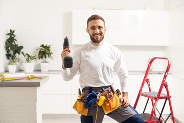 Home repairs. Portrait of professional male repairman with metal ladder. Smiling man in work...