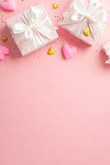 Valentine's Day concept. Top view vertical photo of gift boxes with silk ribbon bows golden hearts candles and shiny sequins on isolated pastel pink background with copyspace