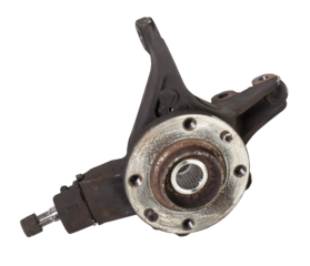 A close-up of a worn metal wheel hub with oil and rust elements on a white background. Seasonal undercarriage repair and replacement of brake system parts in a workshop.