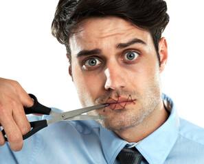 Portrait, scissors and stitch on the lips of a man in studio isolated on a white background cutting for freedom of speech. Communication, silent and sealed with a handsome young male on blank space