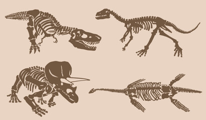 Graphical big vintage set of dinosaurs on sepia background, vector illustration.Fossils © Алексей Воробьёв