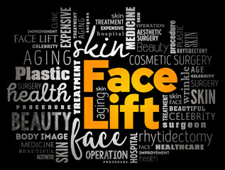 Face Lift - cosmetic surgical procedure to create a younger look in the face, word cloud concept background