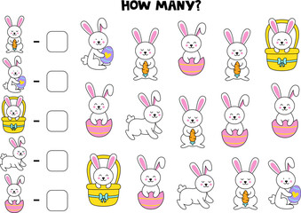 Counting game with cute cartoon Easter rabbits. Math worksheet.