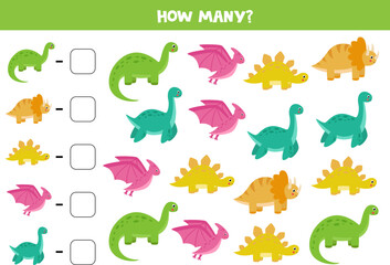 Counting game with cute cartoon dinosaurs. Math worksheet.