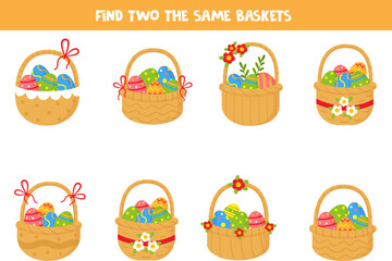 Find two identical Easter baskets full of eggs. Printable worksheet.
