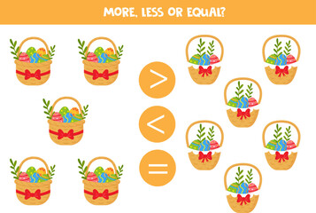 Fototapeta na wymiar More, less, equal with Easter baskets. Math game for kids.