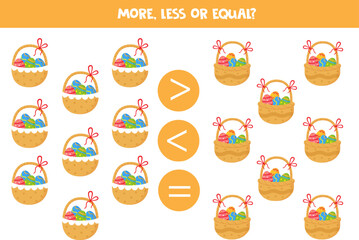 More, less, equal with Easter baskets. Math game for kids.
