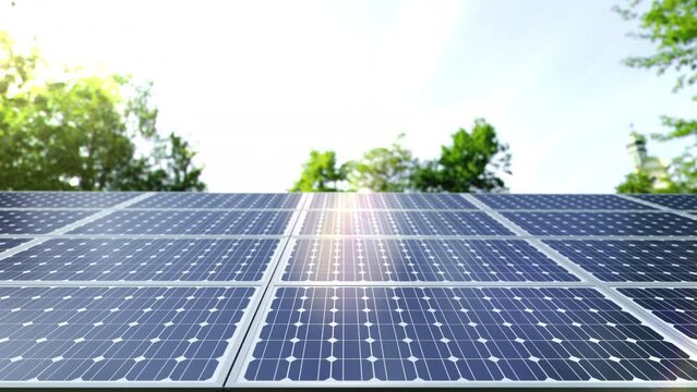 Close up solar power energy panels on the roof. 3D animation. Time lapse
