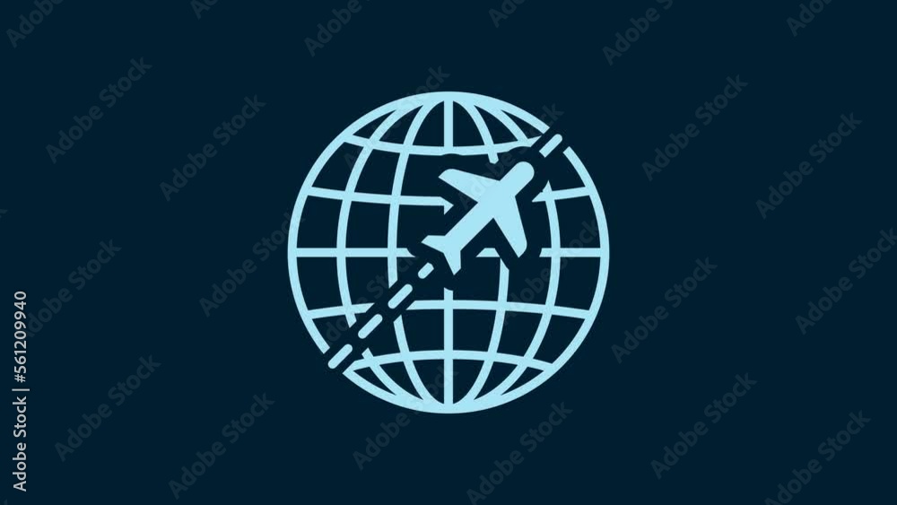 Sticker White Globe with flying plane icon isolated on blue background. Airplane fly around the planet earth. Aircraft world icon. 4K Video motion graphic animation