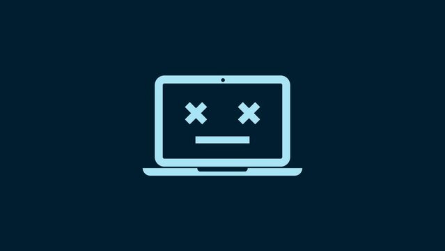 White Dead laptop icon isolated on blue background. 404 error like laptop with dead emoji. Fatal error in pc system. 4K Video motion graphic animation
