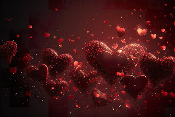 Hearts made of particles on dark background created with Generative AI technology