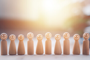 HR manager (human resources) or Employer. Wooden doll wite face smile. Leader stands out from...