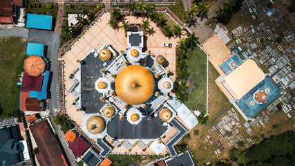 Aerial top view of the Ubudiah Mosque at Kuala Kangsar, Perak, Malaysia