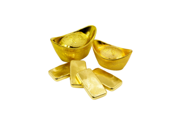 Traditional chinese gold ingots or bullion nugget with 4 chinese words Zhao Cai Jin Bao mean wish you wealth and success with gold bars isolated on white background 
