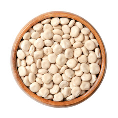 Dried sweet lupin beans, in a wooden bowl. Also known as white lupin or field lupine. Seeds of...