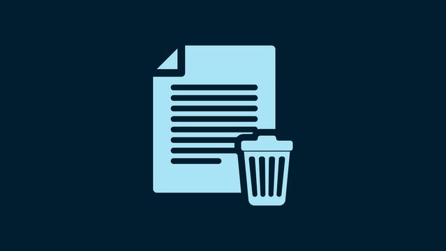 White Delete file document icon isolated on blue background. Paper sheet with recycle bin sign. Rejected document icon. Cross on paper. 4K Video motion graphic animation