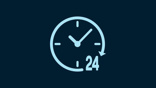 White Clock 24 hours icon isolated on blue background. All day cyclic icon. 24 hours service symbol. 4K Video motion graphic animation