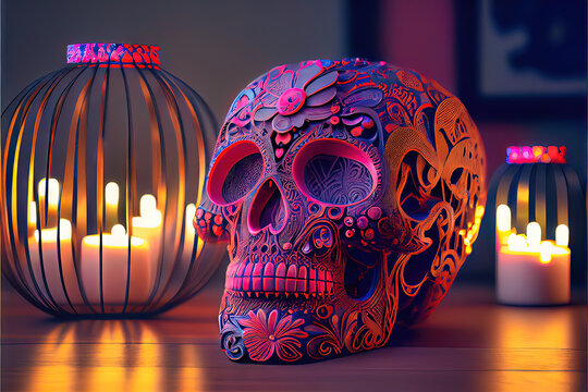 Mardi Gras Skull - Intricate and ornate skull in traditional Mardi Gras purple, green, and gold colors. Generative AI image to celebrate Fat Tuesday in New Orleans