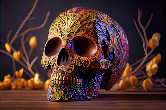 Mardi Gras Skull - Intricate and ornate skull in traditional Mardi Gras purple, green, and gold colors. Generative AI image to celebrate Fat Tuesday in New Orleans