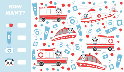 Printable how many game for kids with ambuance transport and panda character doctor