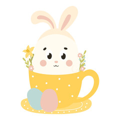 Cute Easter egg character with bunny ears sitting in yellow cup with flowers