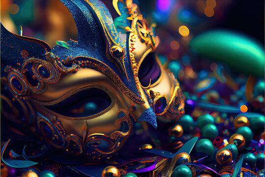 Mardi Gras Mask - Intricate and ornate mask in traditional Mardi Gras purple, green, and gold colors. Generative AI image to celebrate Fat Tuesday in New Orleans