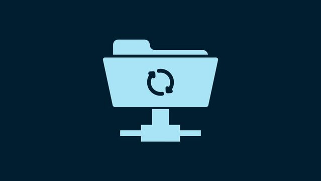 White FTP sync refresh icon isolated on blue background. Software update, transfer protocol, router, teamwork tool management, copy process. 4K Video motion graphic animation