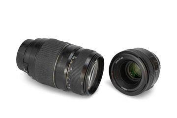 Camera lenses on isolated white background. 70-300 mm and 50mm.