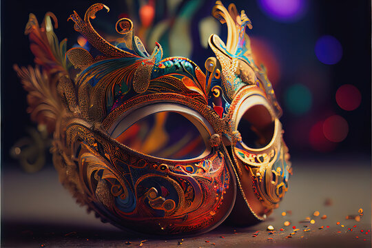 Mardi Gras Mask - Intricate and ornate mask in traditional Mardi Gras purple, green, and gold colors. Generative AI image to celebrate Fat Tuesday in New Orleans
