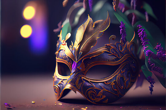 Mardi Gras Skull - Intricate and ornate skull in traditional Mardi Gras purple, green, and gold colors. Generative AI image to celebrate Fat Tuesday in New Orleans