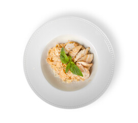 Pasta. Penne Pasta with Bolognese Sauce, Parmesan Cheese and Basil on a Fork. Italian Cuisine. Mediterranean food