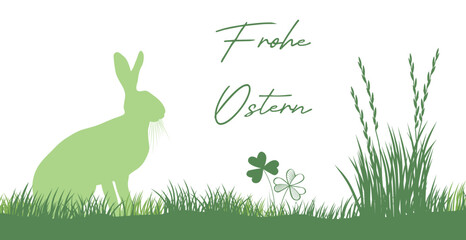 German Happy Easter Business Greeting Card with easter bunny silhouette in grass and wildflower meadow