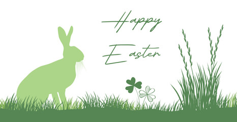 Happy Easter Business Greeting Card with easter bunny silhouette in grass and wildflower meadow with handwritten lettering