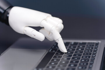 artificial intelligence learn bot chat analysis system application, robot finger point to laptop,...