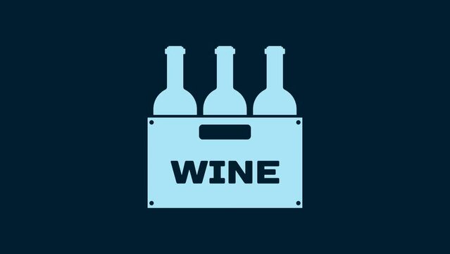 White Bottles of wine in a wooden box icon isolated on blue background. Wine bottles in a wooden crate icon. 4K Video motion graphic animation