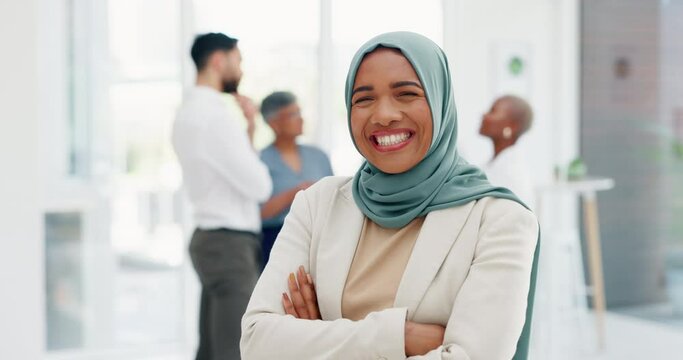 Face of a muslim business woman arms crossed for company values, mission and inclusion culture in office. Workplace, corporate and hijab or islamic employee or worker with vision, goals and laughing